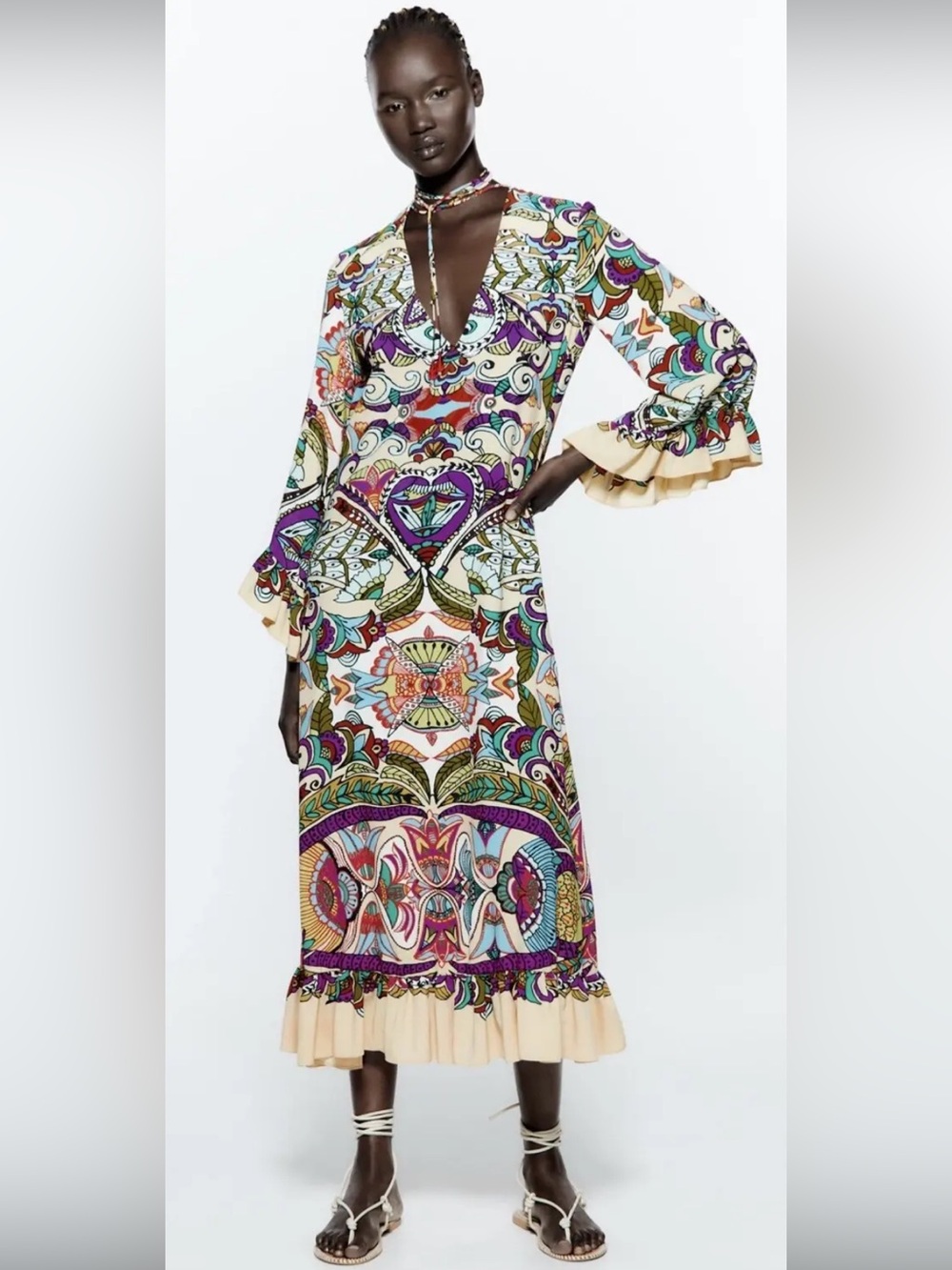 Zara Boho Paisley Printed Midi Dress Ruffles Bell Sleeves Beaded Ties Eclectic M